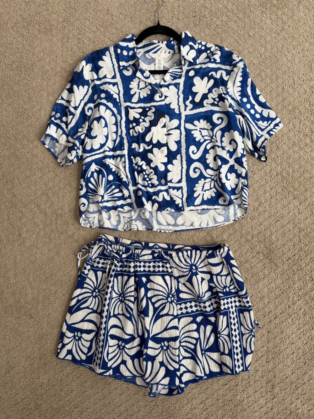 Blue & White Matching Set | Crop Top + Shorts | Size XS & S